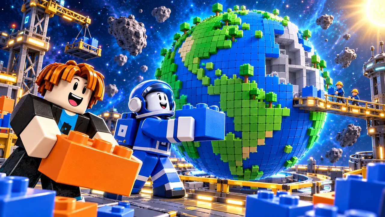 Roblox builders and an astronaut construct a round blue and green planet from blocks