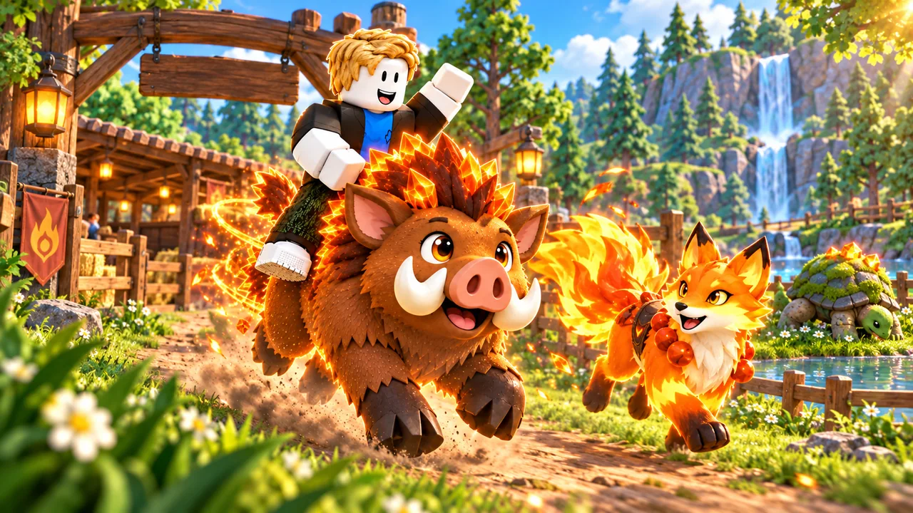 A Tamer rides a crystal-backed boar beside an Ember Fox and a mossy tortoise at a ranch