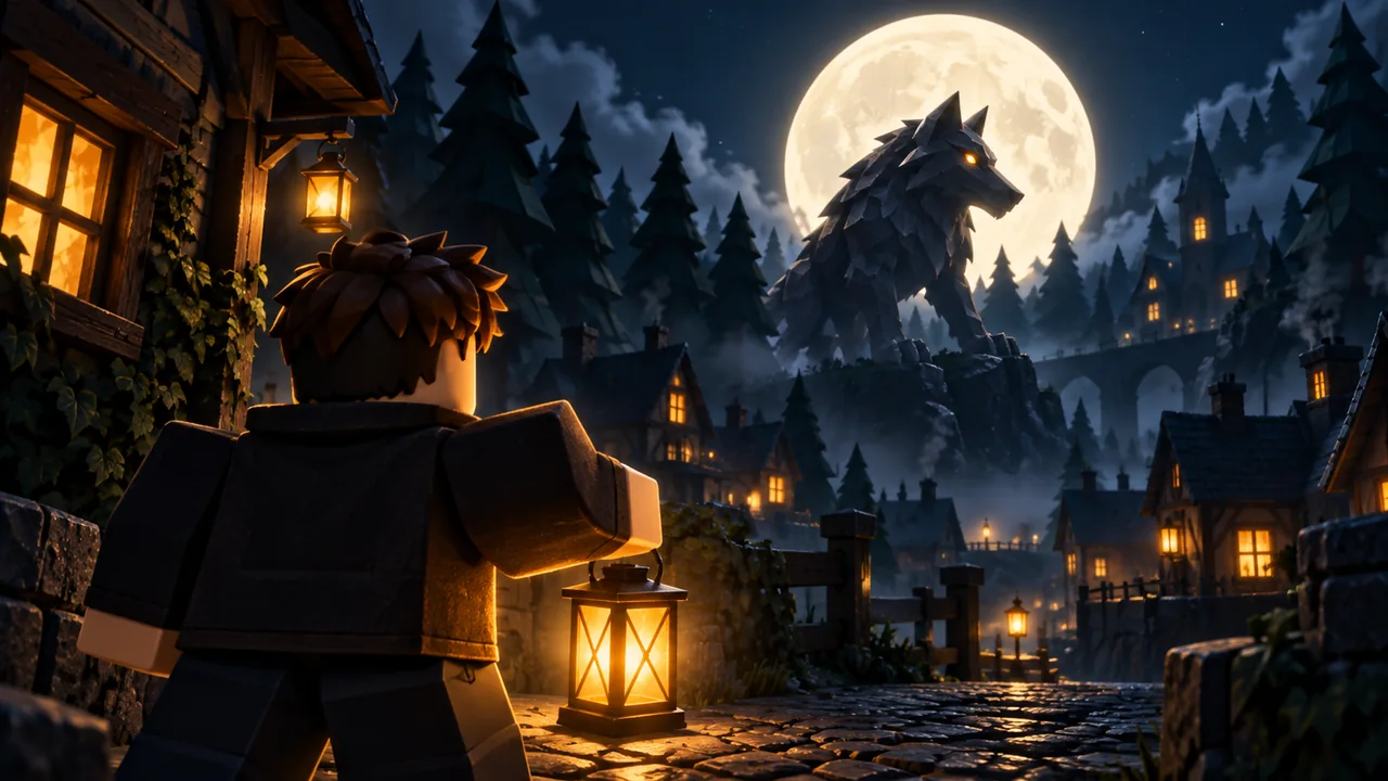 A lantern-carrying Roblox villager looks toward a werewolf under a full moon