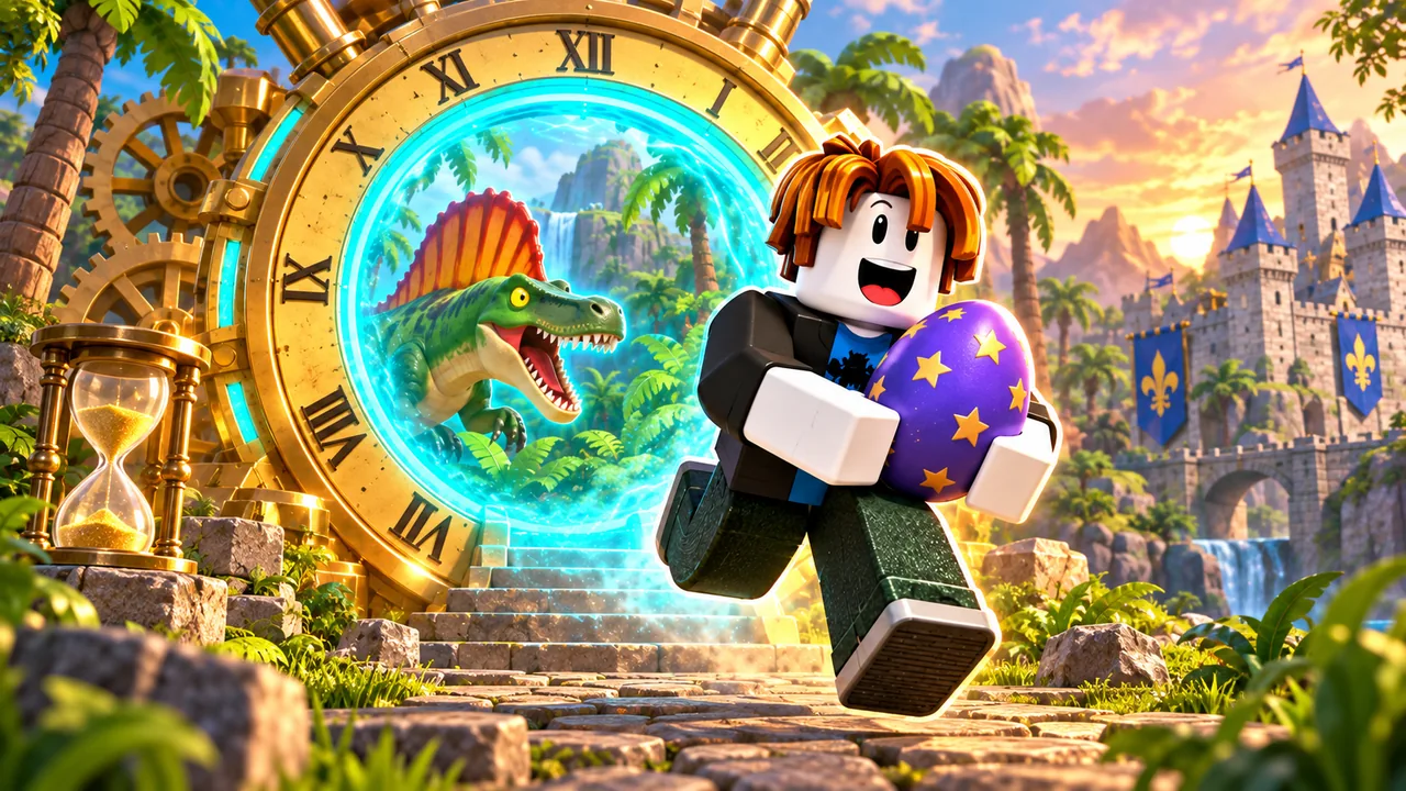 An adventurer carries a starry egg out of a clock portal with a dinosaur guardian behind